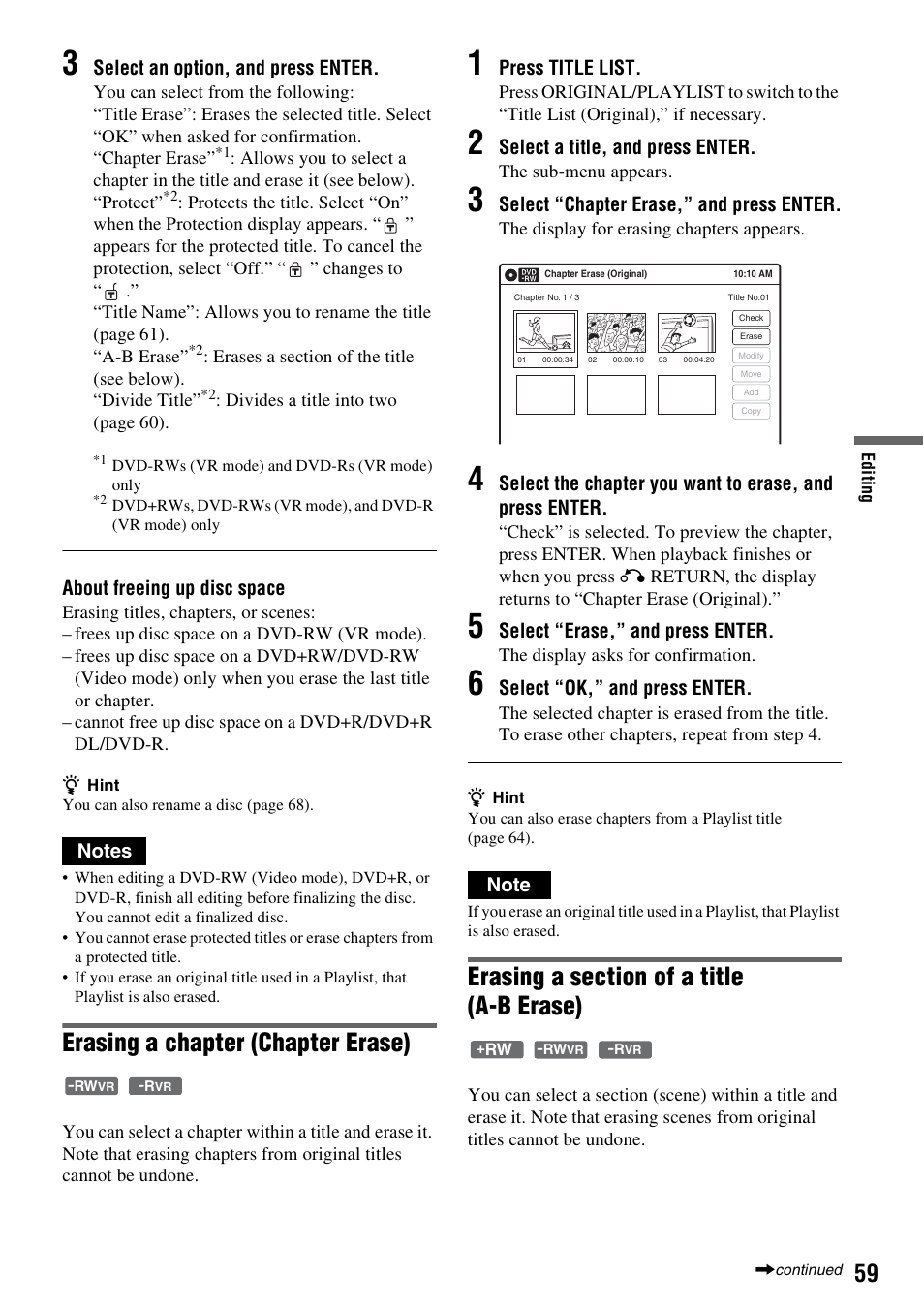 Erasing a chapter (chapter erase) | Sony RDR-GXD455 User Manual | Page 59 / 128