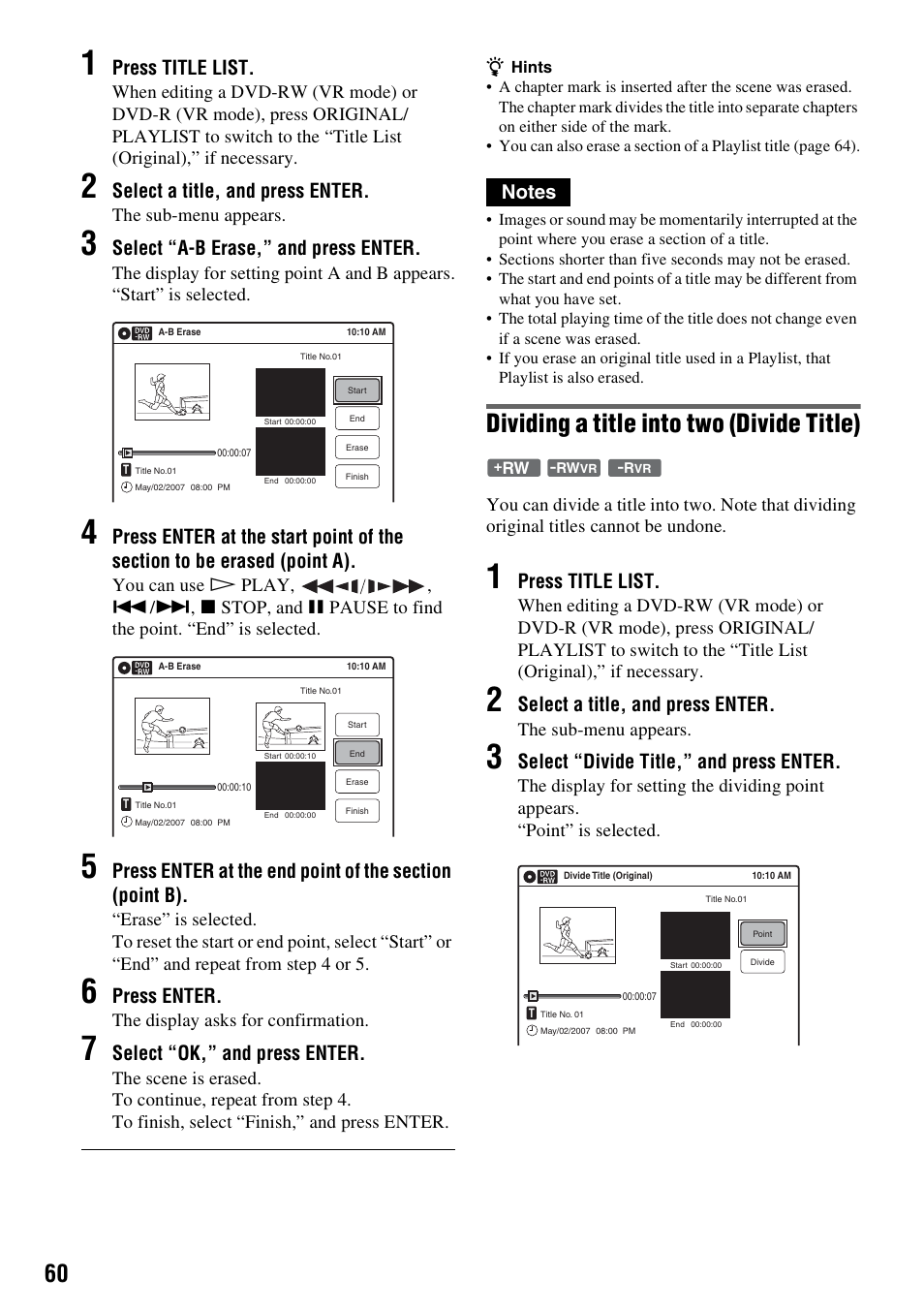 Dividing a title into two (divide title), Press title list, Select a title, and press enter | Select “a-b erase,” and press enter, Press enter, Select “ok,” and press enter, Select “divide title,” and press enter | Sony RDR-GXD455 User Manual | Page 60 / 128