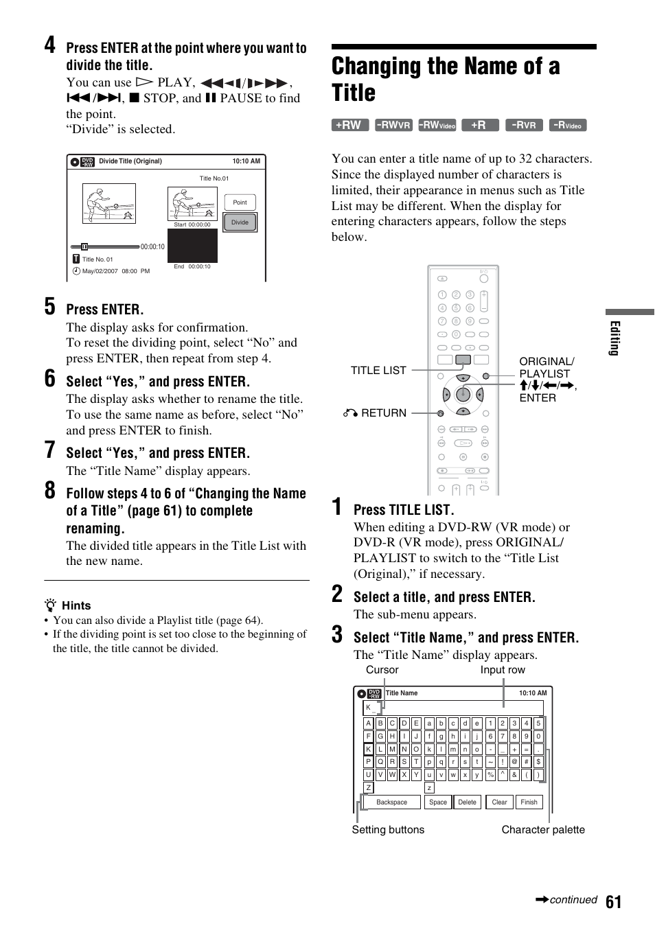 Changing the name of a title, Press enter, Select “yes,” and press enter | Press title list, Select a title, and press enter, Select “title name,” and press enter, The “title name” display appears, The sub-menu appears, Edi ting | Sony RDR-GXD455 User Manual | Page 61 / 128