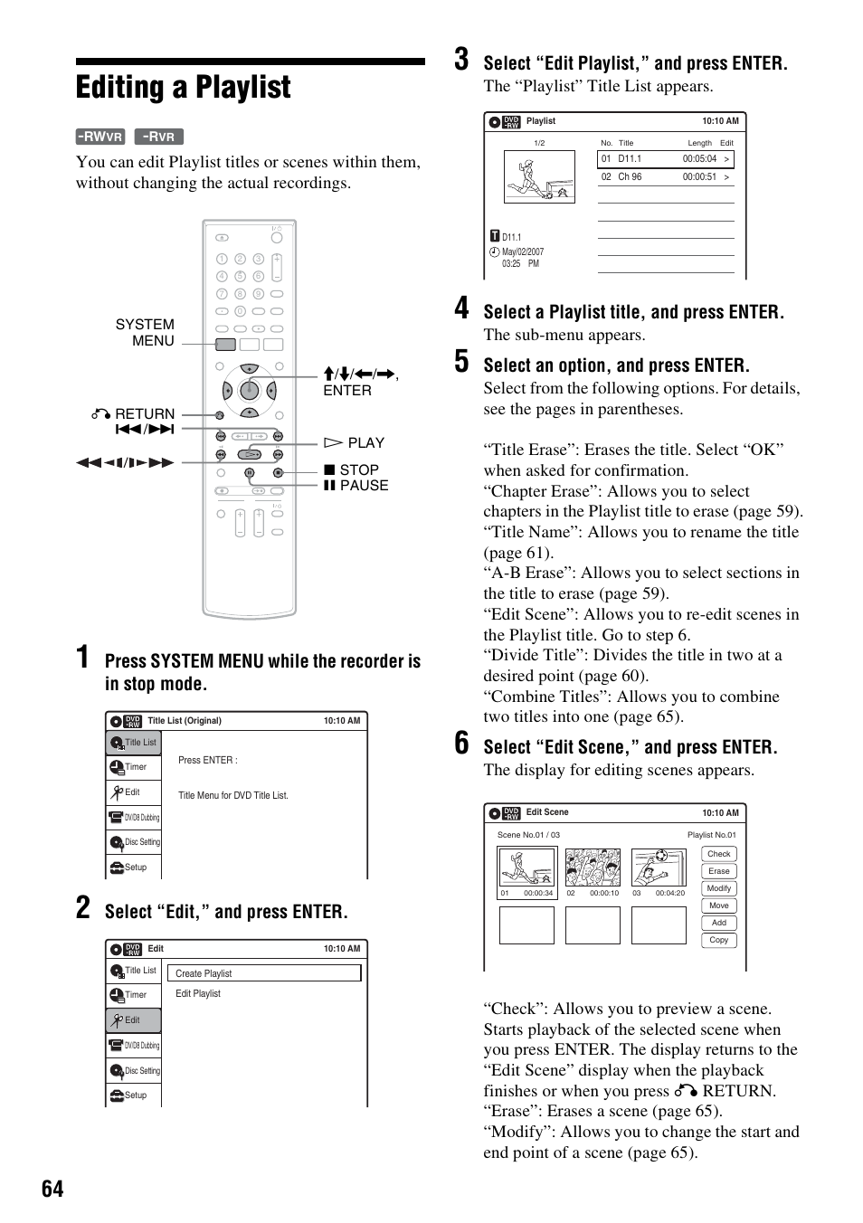 Editing a playlist, Select “edit,” and press enter, Select “edit playlist,” and press enter | Select a playlist title, and press enter, Select an option, and press enter, Select “edit scene,” and press enter, The “playlist” title list appears, The sub-menu appears | Sony RDR-GXD455 User Manual | Page 64 / 128