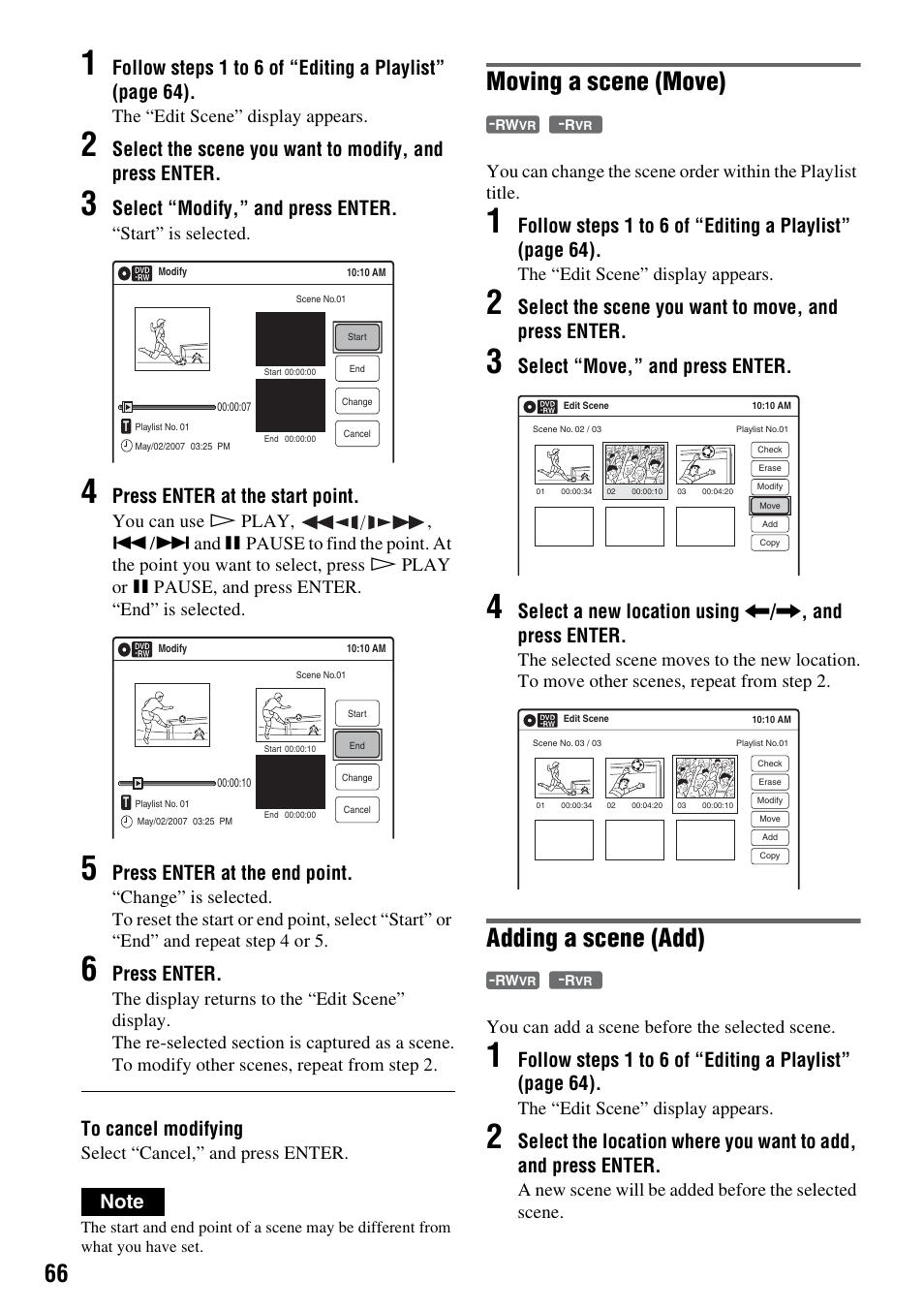 Moving a scene (move), Adding a scene (add), Select “modify,” and press enter | Press enter at the start point, Press enter at the end point, Press enter, Select the scene you want to move, and press enter, Select “move,” and press enter, The “edit scene” display appears, Start” is selected | Sony RDR-GXD455 User Manual | Page 66 / 128