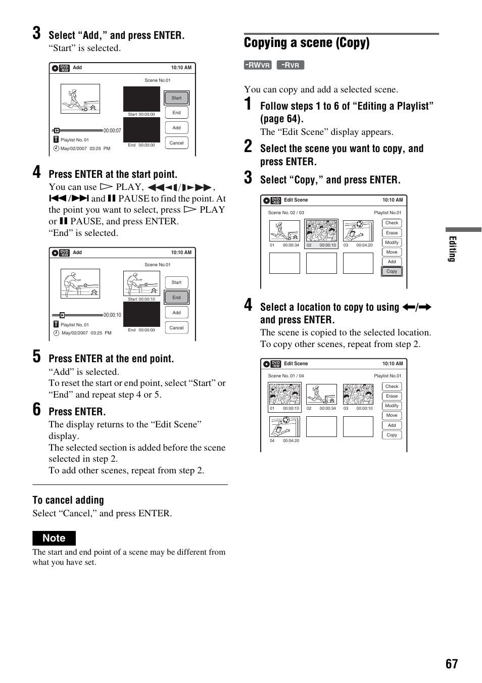 Copying a scene (copy), Select “add,” and press enter, Press enter at the start point | Press enter at the end point, Press enter, Select the scene you want to copy, and press enter, Select “copy,” and press enter, Start” is selected, Select “cancel,” and press enter, You can copy and add a selected scene | Sony RDR-GXD455 User Manual | Page 67 / 128