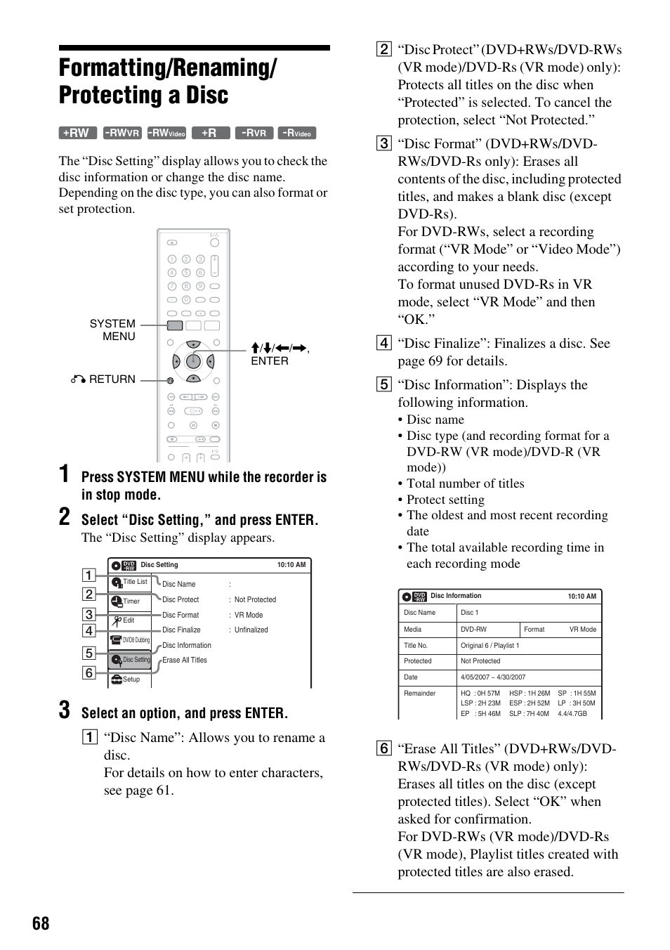 Formatting/renaming/ protecting a disc, Formatting/renaming/protecting a disc, Select “disc setting,” and press enter | The “disc setting” display appears | Sony RDR-GXD455 User Manual | Page 68 / 128