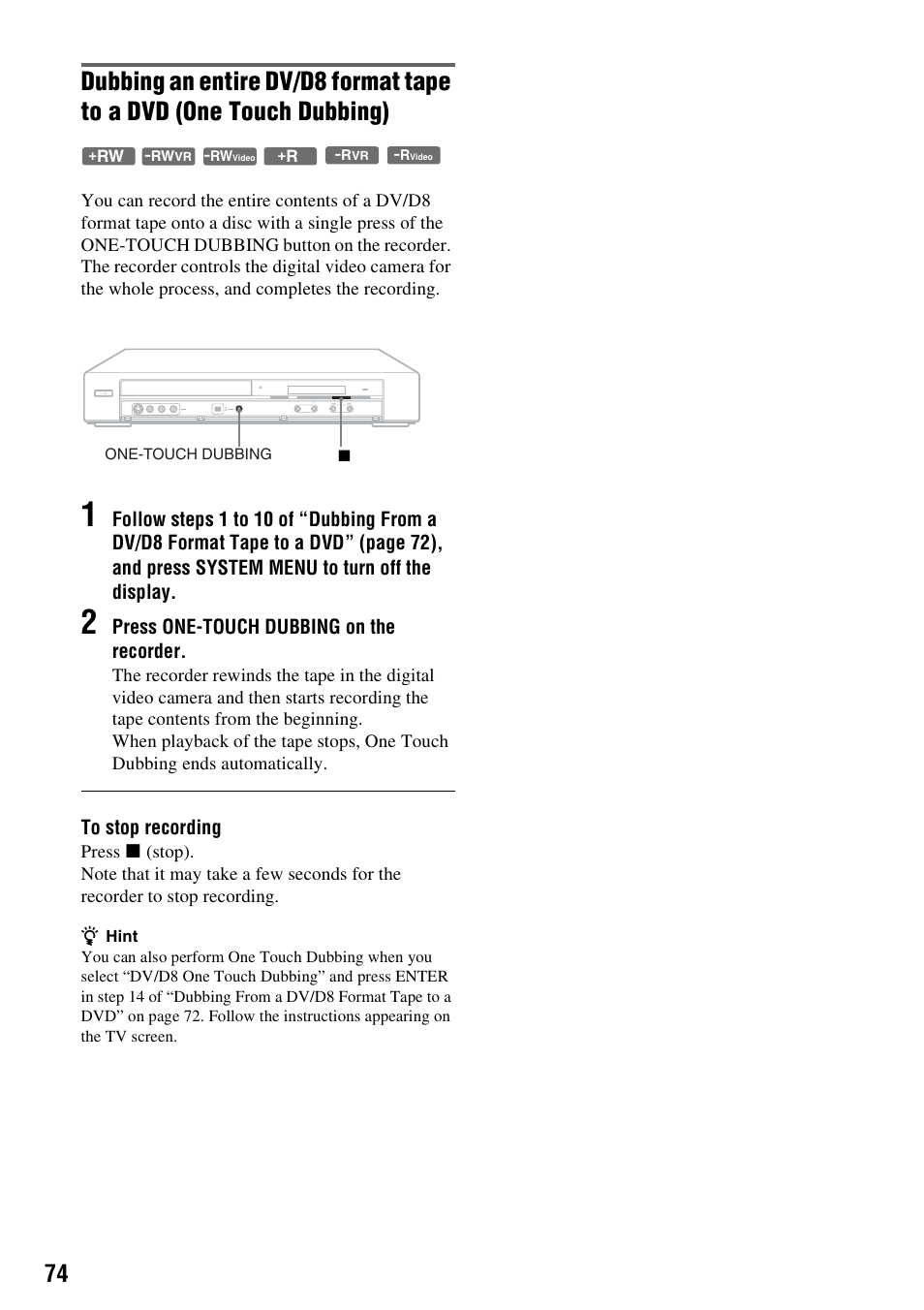 Press one-touch dubbing on the recorder | Sony RDR-GXD455 User Manual | Page 74 / 128