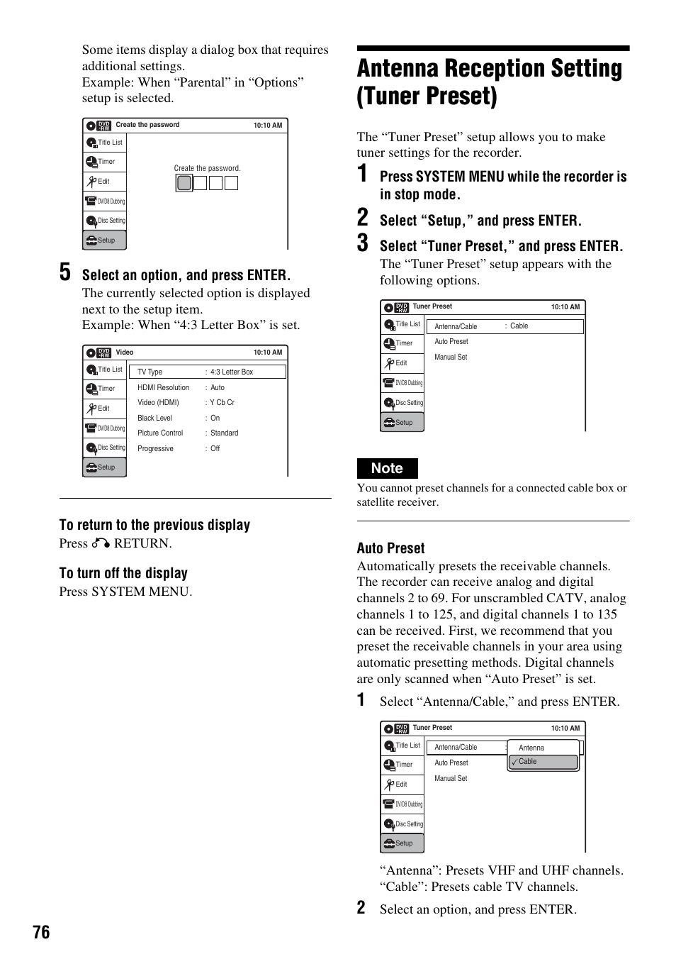 Antenna reception setting (tuner preset), Select an option, and press enter, Select “setup,” and press enter | Select “tuner preset,” and press enter, Auto preset, Press o return, Press system menu | Sony RDR-GXD455 User Manual | Page 76 / 128