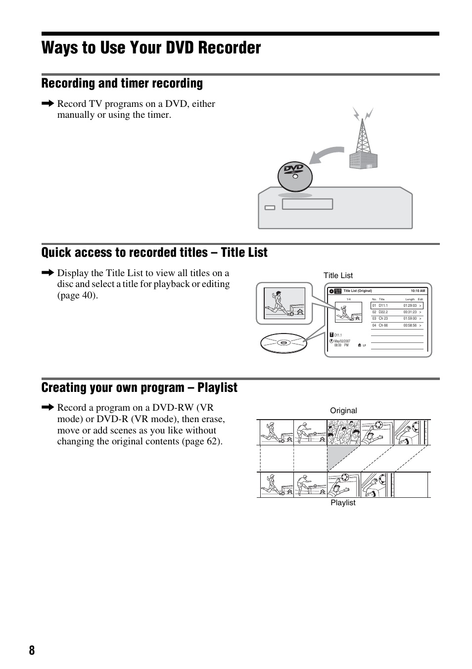 Ways to use your dvd recorder, Recording and timer recording, Quick access to recorded titles – title list | Creating your own program – playlist | Sony RDR-GXD455 User Manual | Page 8 / 128