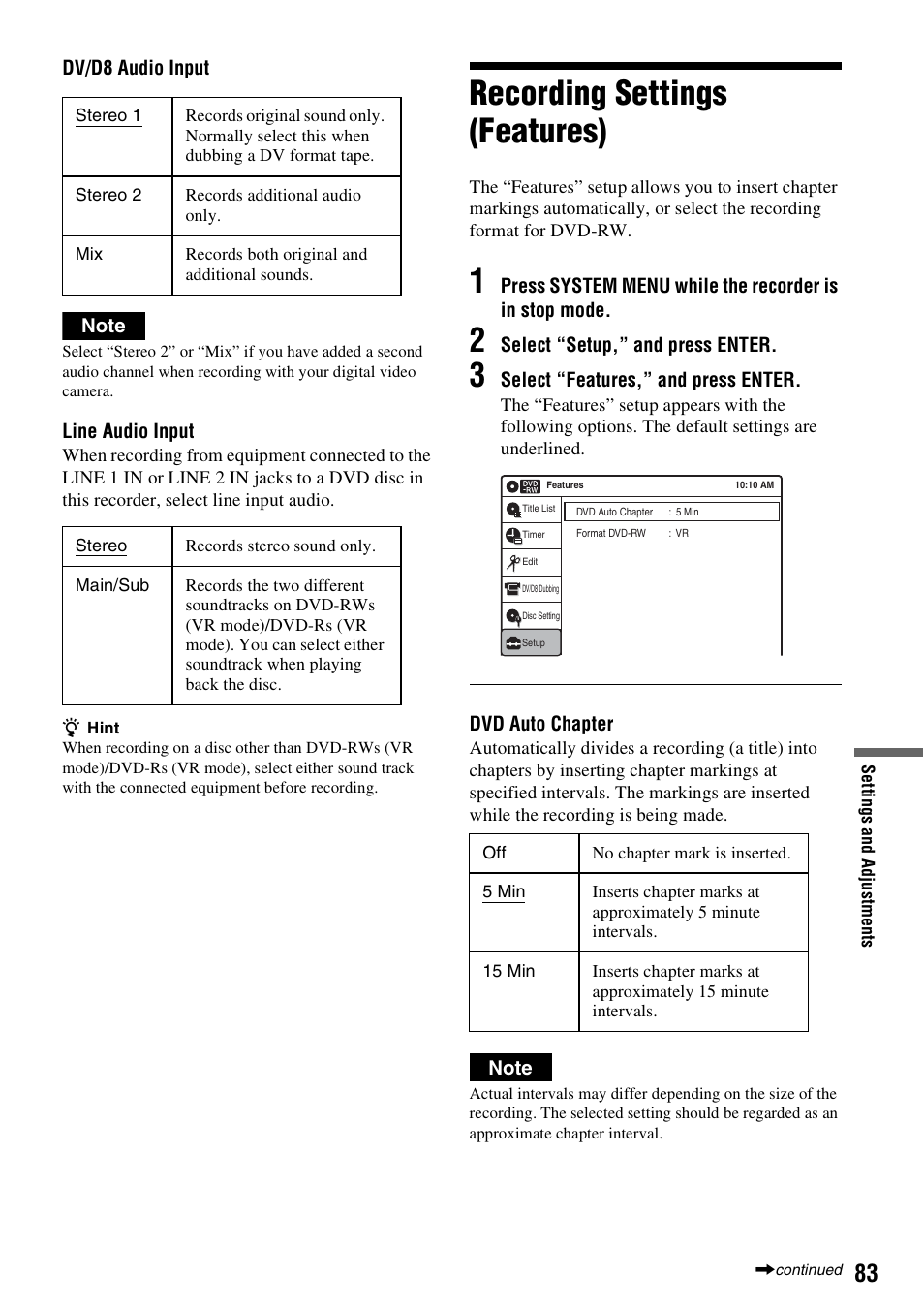 Recording settings (features) | Sony RDR-GXD455 User Manual | Page 83 / 128