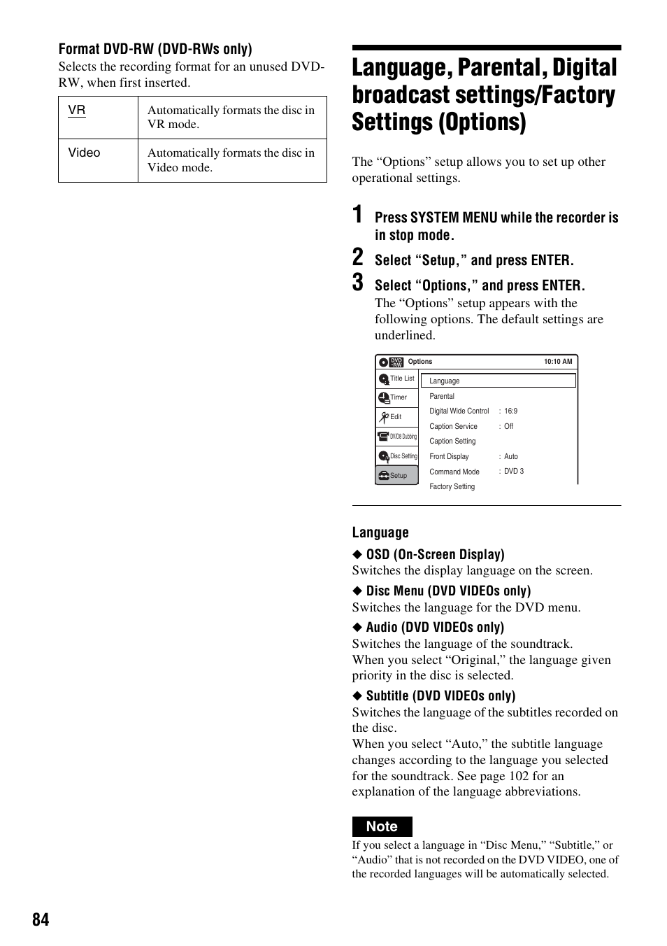 Format dvd-rw (dvd-rws only), Select “setup,” and press enter, Select “options,” and press enter | Language | Sony RDR-GXD455 User Manual | Page 84 / 128