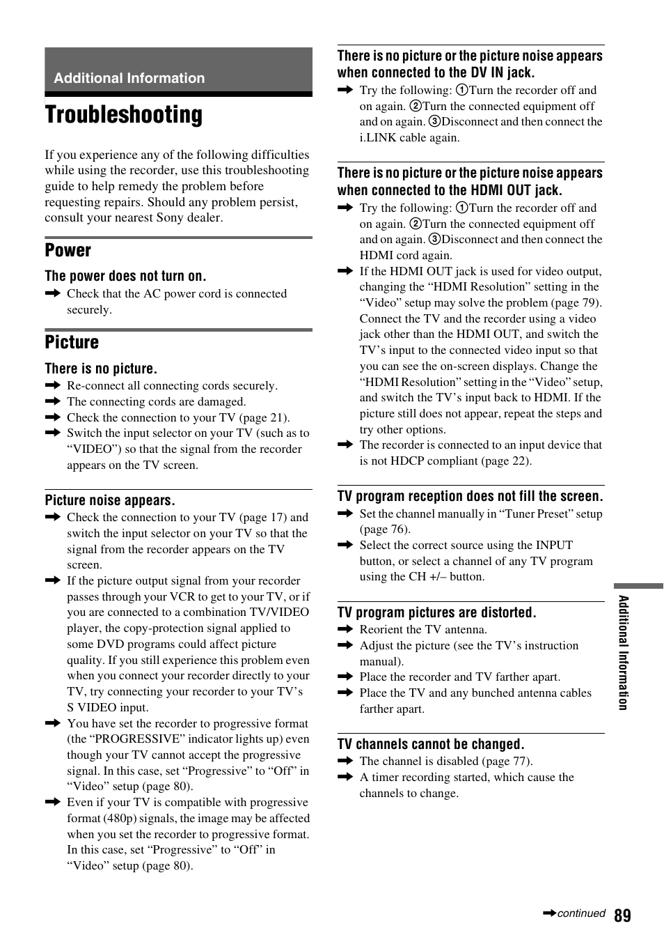Additional information, Troubleshooting, Power | Picture | Sony RDR-GXD455 User Manual | Page 89 / 128