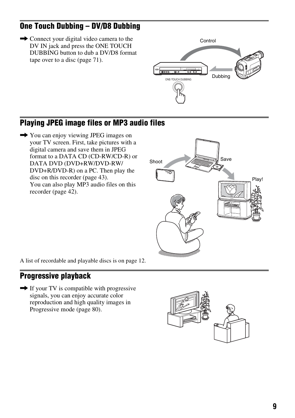 One touch dubbing – dv/d8 dubbing, Playing jpeg image files or mp3 audio files, Progressive playback | Sony RDR-GXD455 User Manual | Page 9 / 128