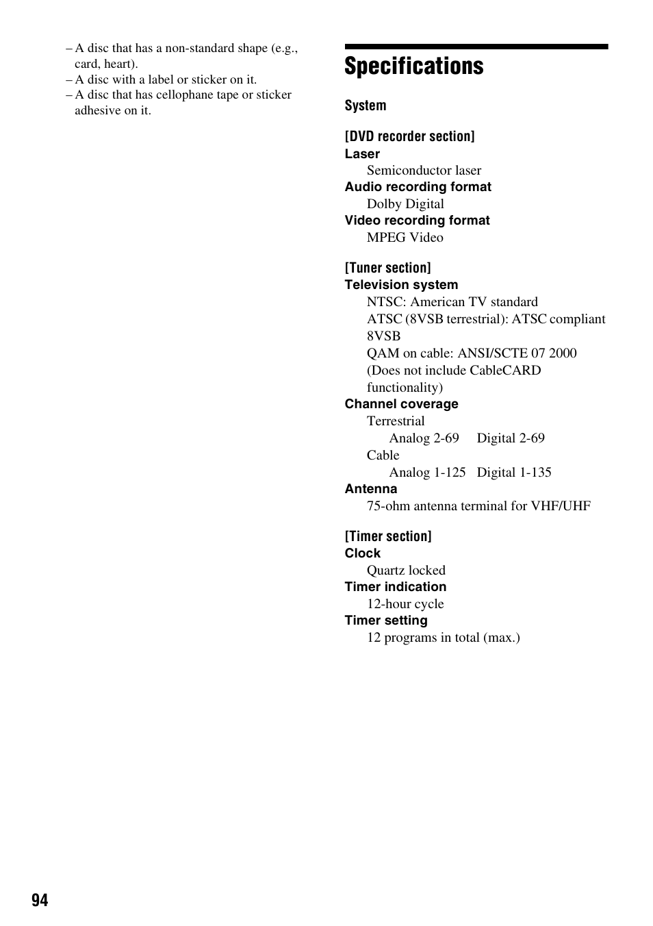 Specifications | Sony RDR-GXD455 User Manual | Page 94 / 128