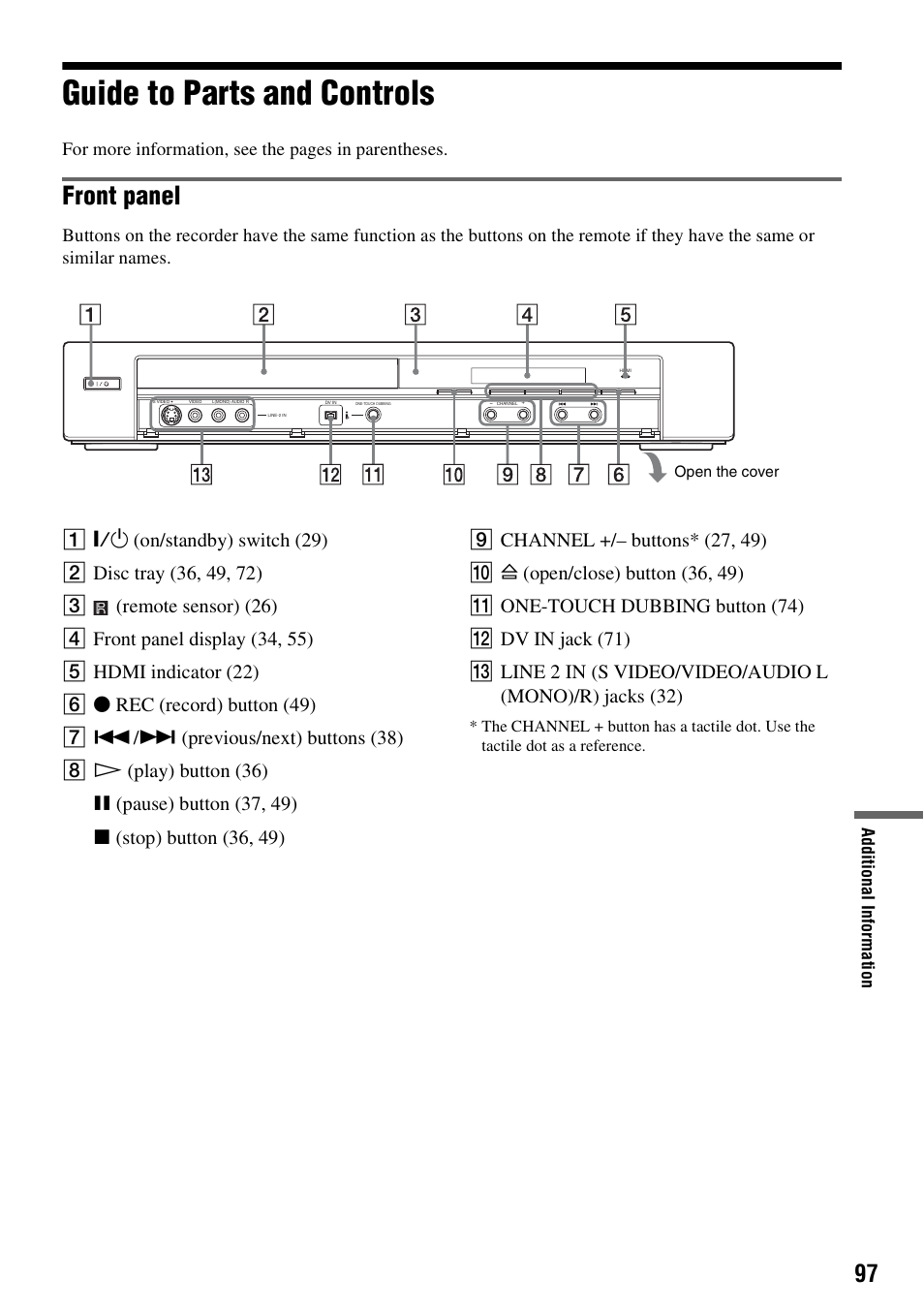 Guide to parts and controls, Front panel, For more information, see the pages in parentheses | Sony RDR-GXD455 User Manual | Page 97 / 128