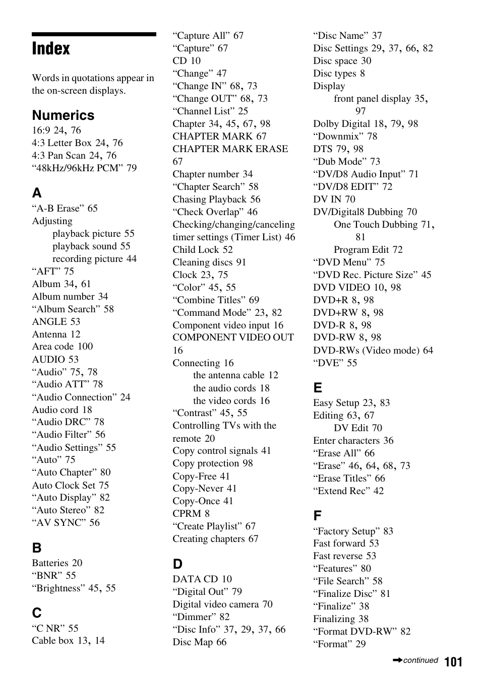 Index, Numerics | Sony RDR-GX310 User Manual | Page 101 / 104