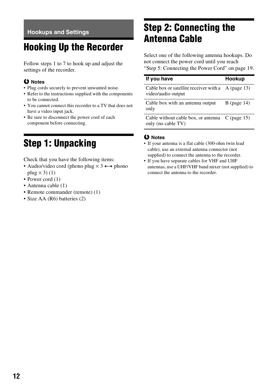 Hookups and settings, Hooking up the recorder, Step 1: unpacking | Step 2: connecting the antenna cable | Sony RDR-GX310 User Manual | Page 12 / 104