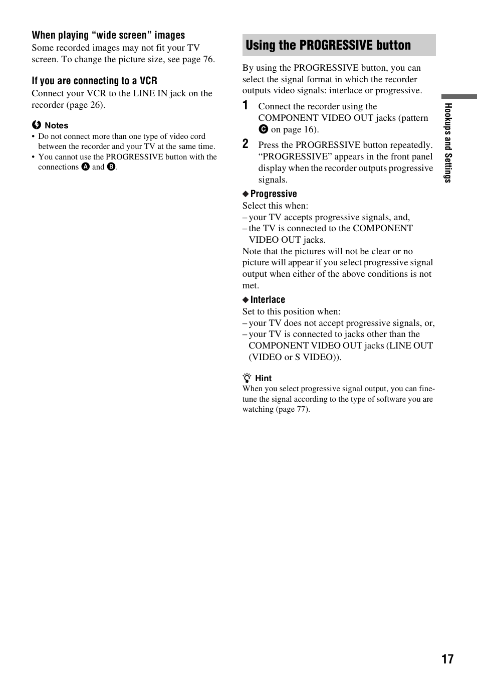 Using the progressive button | Sony RDR-GX310 User Manual | Page 17 / 104