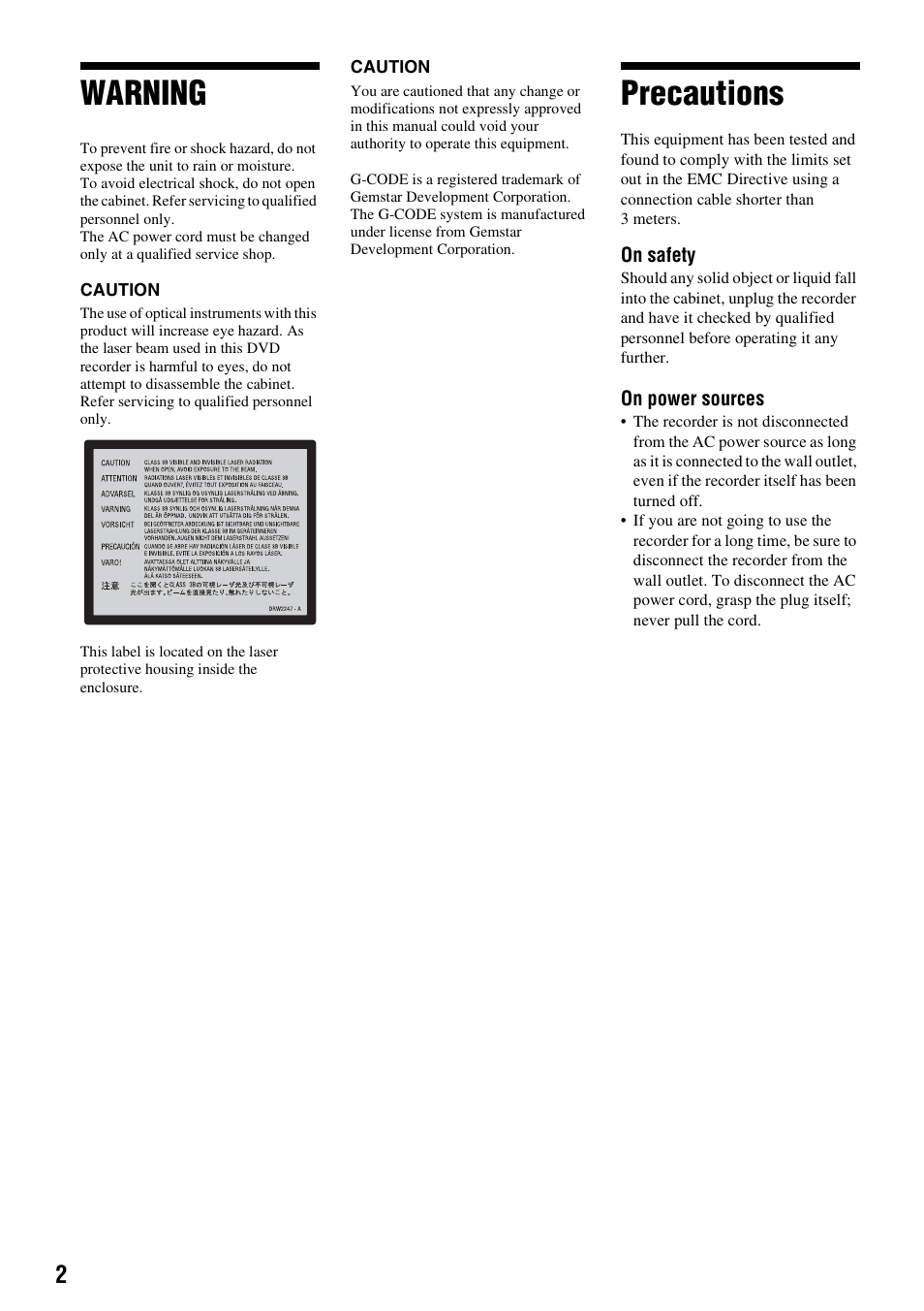 Warning, Precautions | Sony RDR-GX310 User Manual | Page 2 / 104