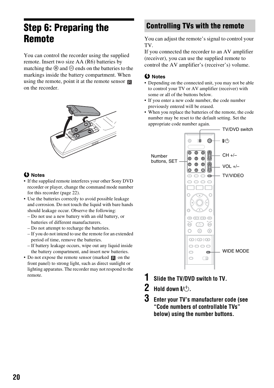 Step 6: preparing the remote, Controlling tvs with the remote | Sony RDR-GX310 User Manual | Page 20 / 104