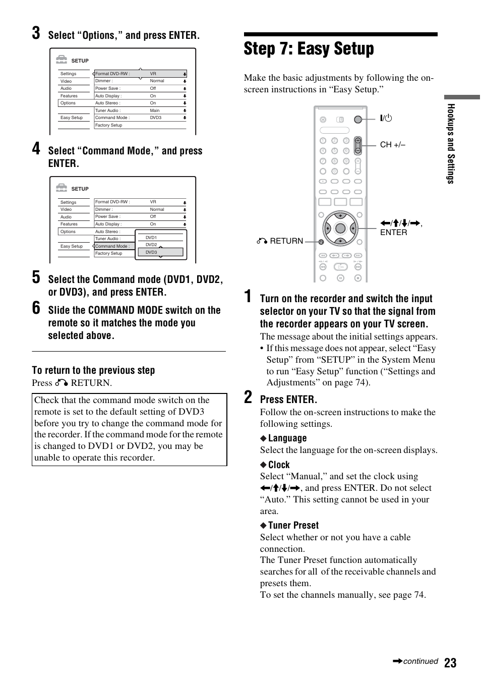 Step 7: easy setup, Select “options,” and press enter, Select “command mode,” and press enter | Press enter, Press o return, Hook up s and se tti n gs | Sony RDR-GX310 User Manual | Page 23 / 104