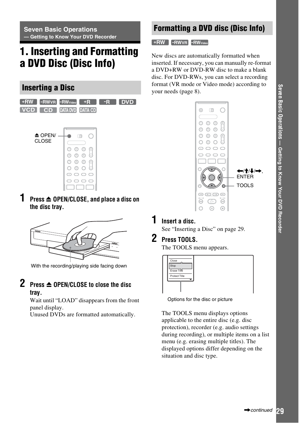 Inserting and formatting a dvd disc (disc info), Inserting a disc, Formatting a dvd disc (disc info) | Inserting and formatting a dvd disc (disc info) 1, Seven basic operations, Press z open/close to close the disc tray, Insert a disc, Press tools, See “inserting a disc” on page 29 | Sony RDR-GX310 User Manual | Page 29 / 104