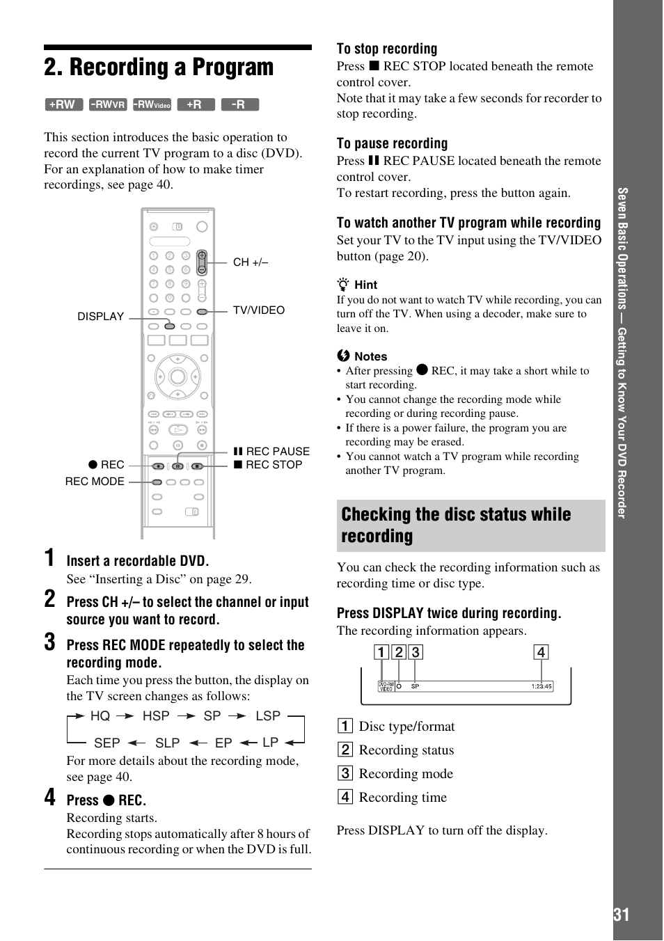 Recording a program, Checking the disc status while recording | Sony RDR-GX310 User Manual | Page 31 / 104