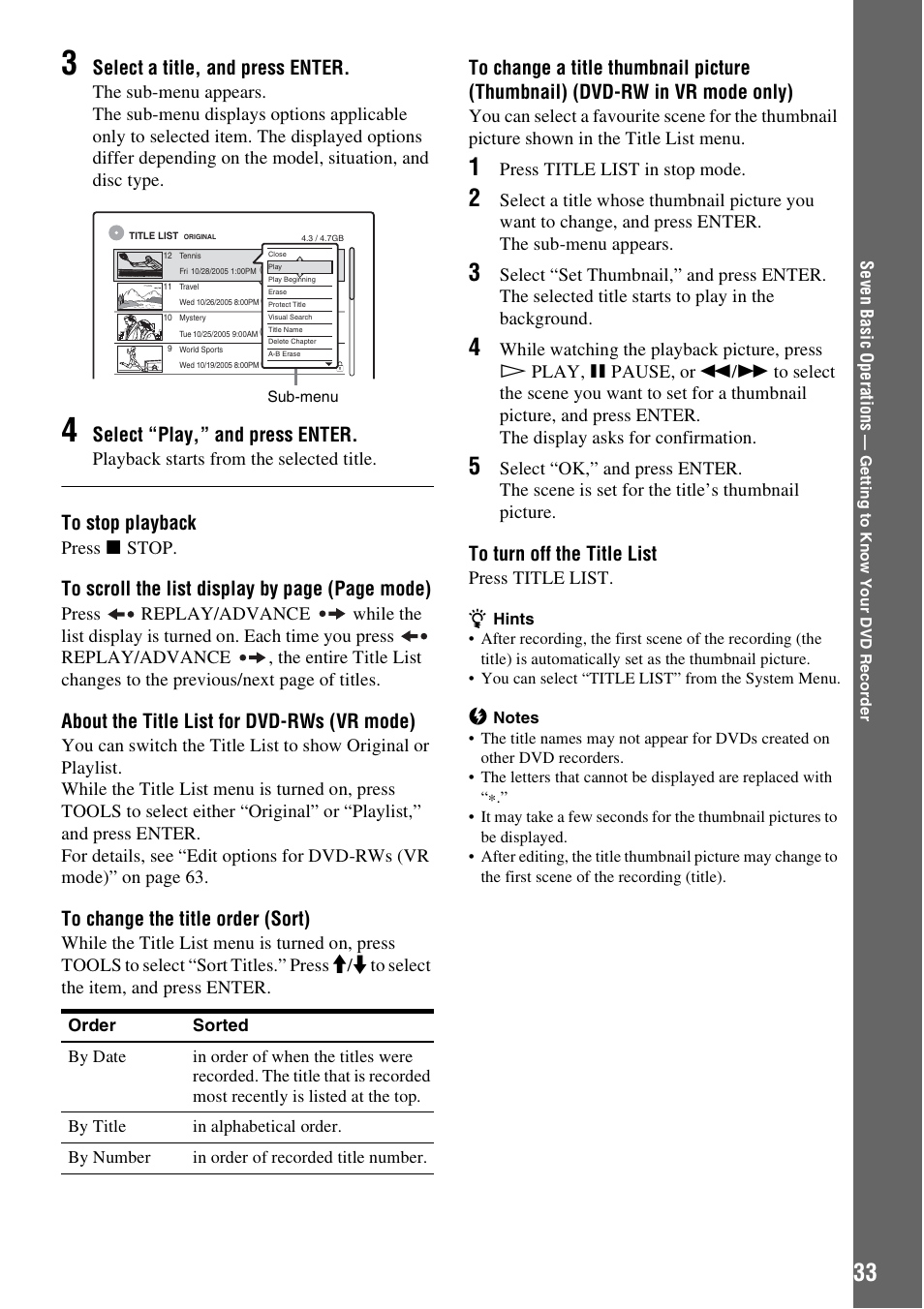 Select a title, and press enter, Select “play,” and press enter, About the title list for dvd-rws (vr mode) | Playback starts from the selected title, Press x stop, Press title list in stop mode, Press title list | Sony RDR-GX310 User Manual | Page 33 / 104