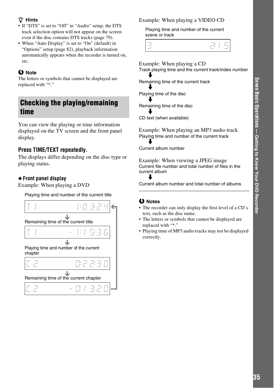 Checking the playing/remaining time | Sony RDR-GX310 User Manual | Page 35 / 104