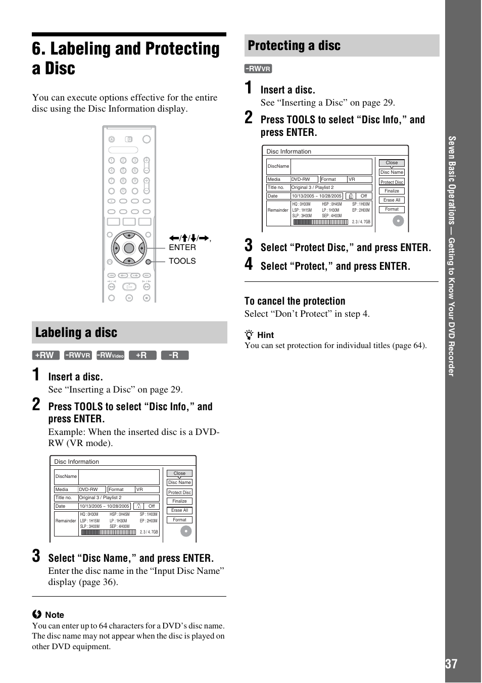 Labeling and protecting a disc, Labeling a disc, Protecting a disc | Insert a disc, Press tools to select “disc info,” and press enter, Select “disc name,” and press enter, Select “protect disc,” and press enter, See “inserting a disc” on page 29, Select “don’t protect” in step 4 | Sony RDR-GX310 User Manual | Page 37 / 104