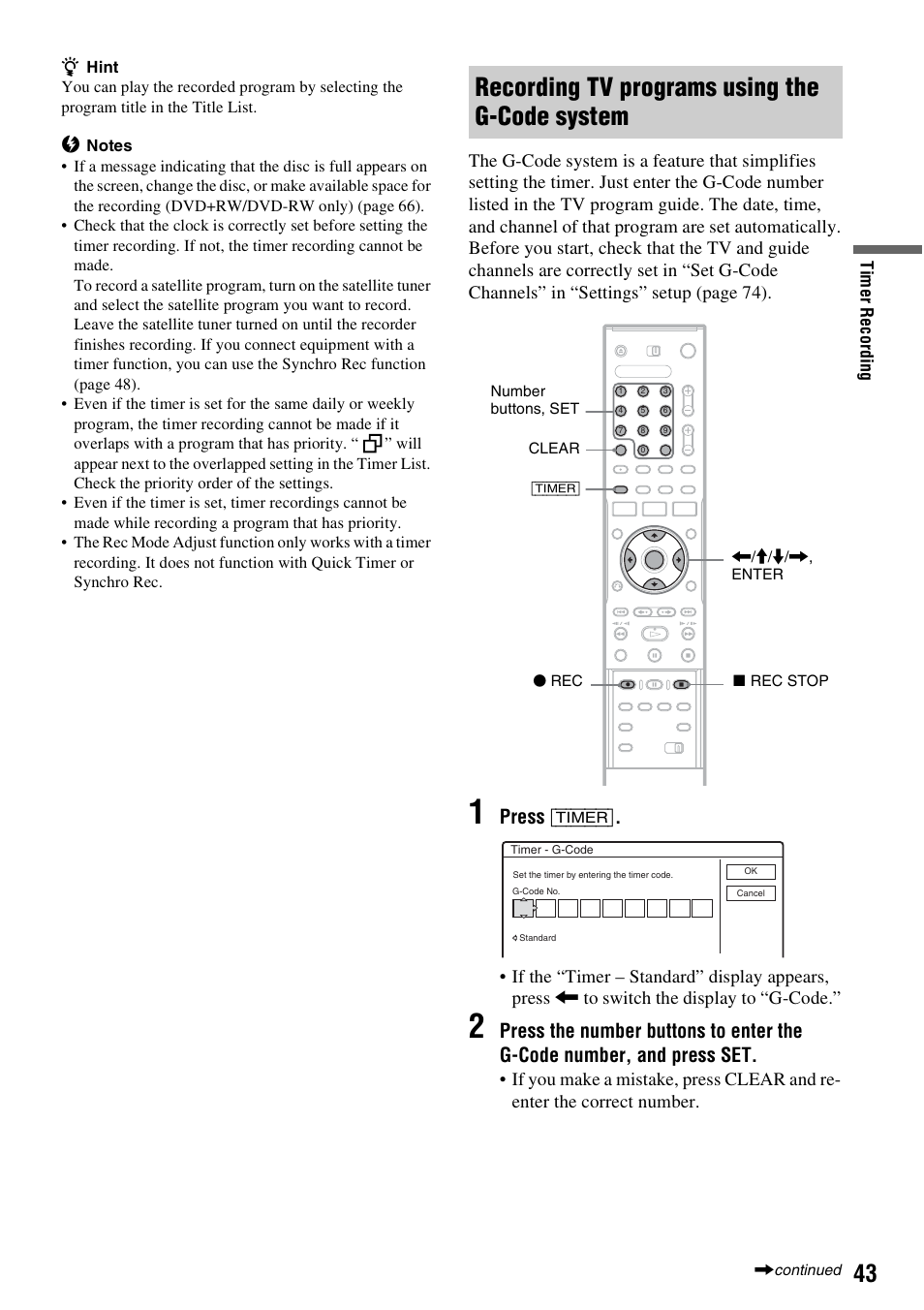 Recording tv programs using the g-code system, Press [timer | Sony RDR-GX310 User Manual | Page 43 / 104