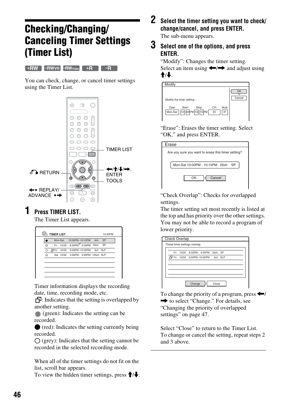 Press timer list, Select one of the options, and press enter, The sub-menu appears | Sony RDR-GX310 User Manual | Page 46 / 104