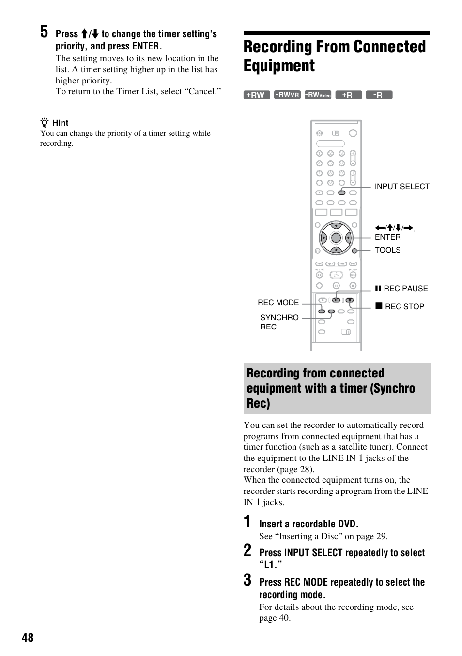 Recording from connected equipment | Sony RDR-GX310 User Manual | Page 48 / 104