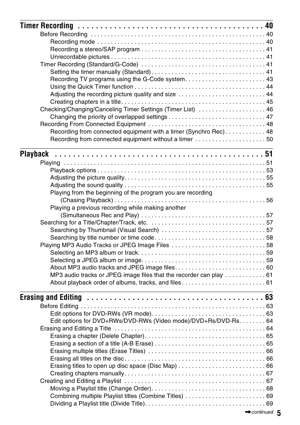 5timer recording, Playback, Erasing and editing | Sony RDR-GX310 User Manual | Page 5 / 104