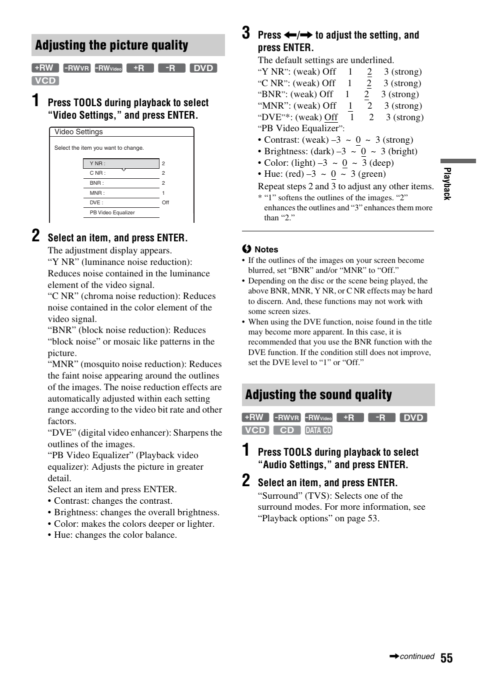 Adjusting the picture quality, Adjusting the sound quality | Sony RDR-GX310 User Manual | Page 55 / 104