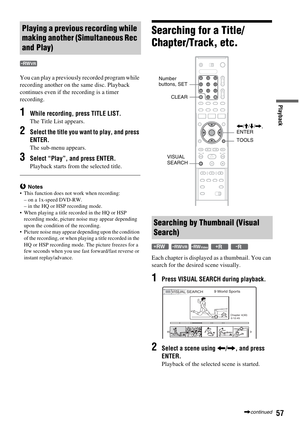 Searching for a title/ chapter/track, etc, Searching by thumbnail (visual search) | Sony RDR-GX310 User Manual | Page 57 / 104
