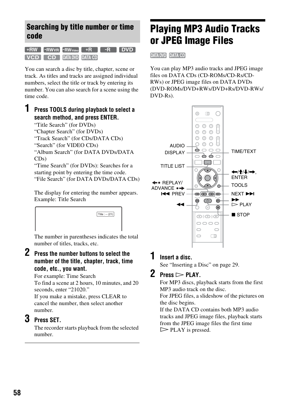 Searching by title number or time code, Playing mp3 audio tracks or jpeg image files | Sony RDR-GX310 User Manual | Page 58 / 104