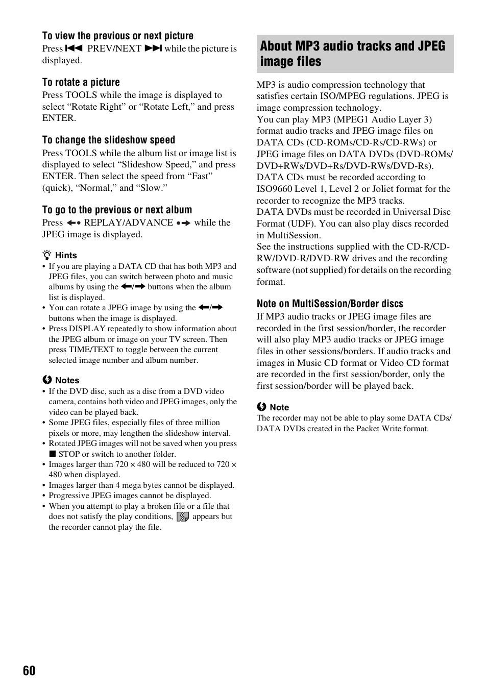 About mp3 audio tracks and jpeg image files | Sony RDR-GX310 User Manual | Page 60 / 104