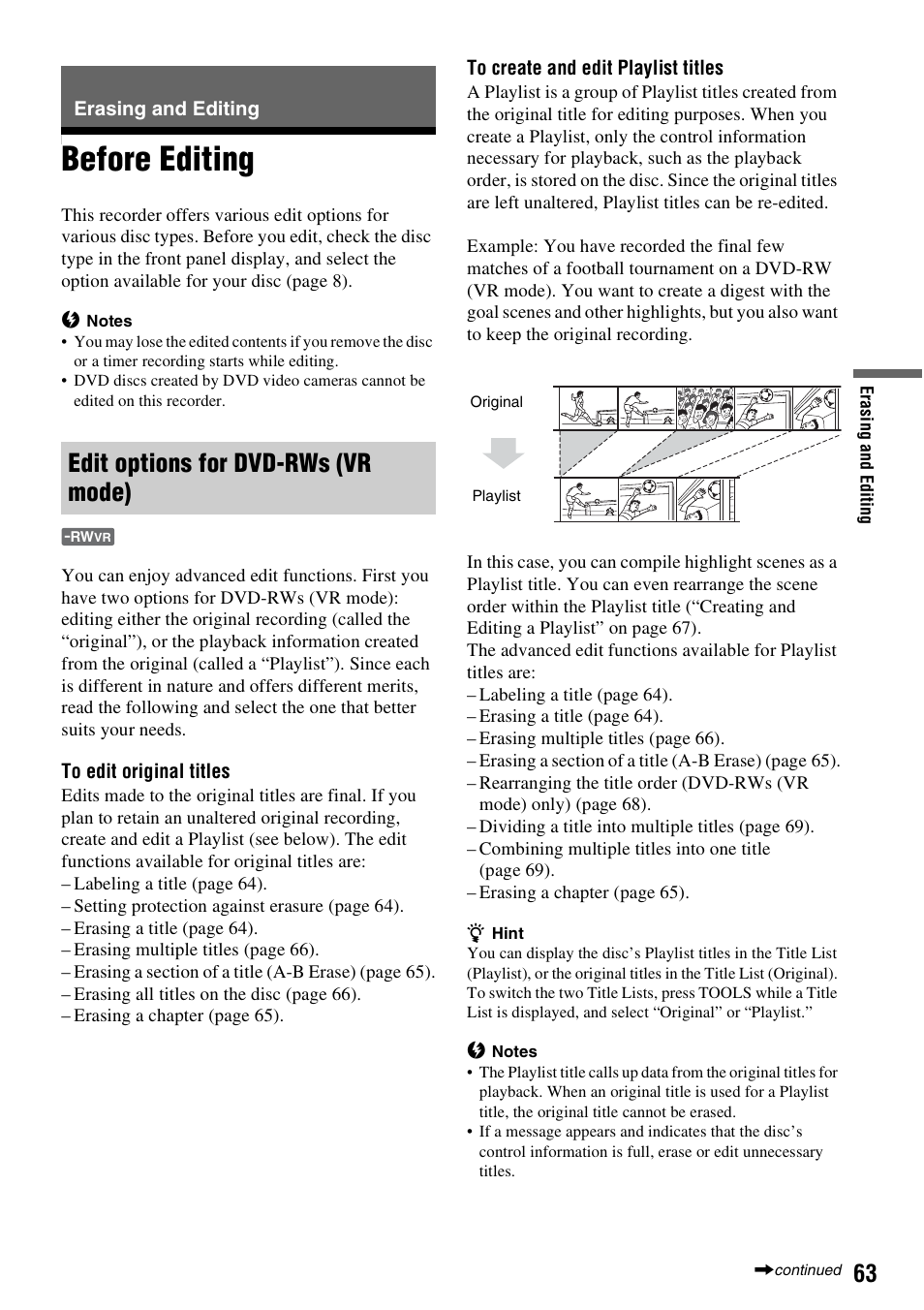 Erasing and editing, Before editing, Edit options for dvd-rws (vr mode) | Sony RDR-GX310 User Manual | Page 63 / 104