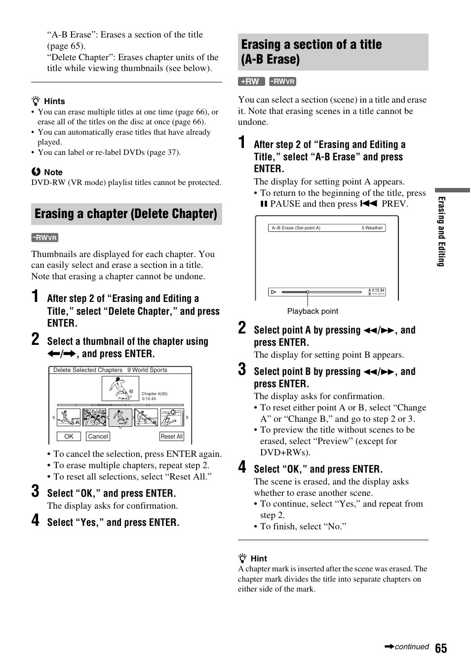 Erasing a chapter (delete chapter), Erasing a section of a title (a-b erase) | Sony RDR-GX310 User Manual | Page 65 / 104