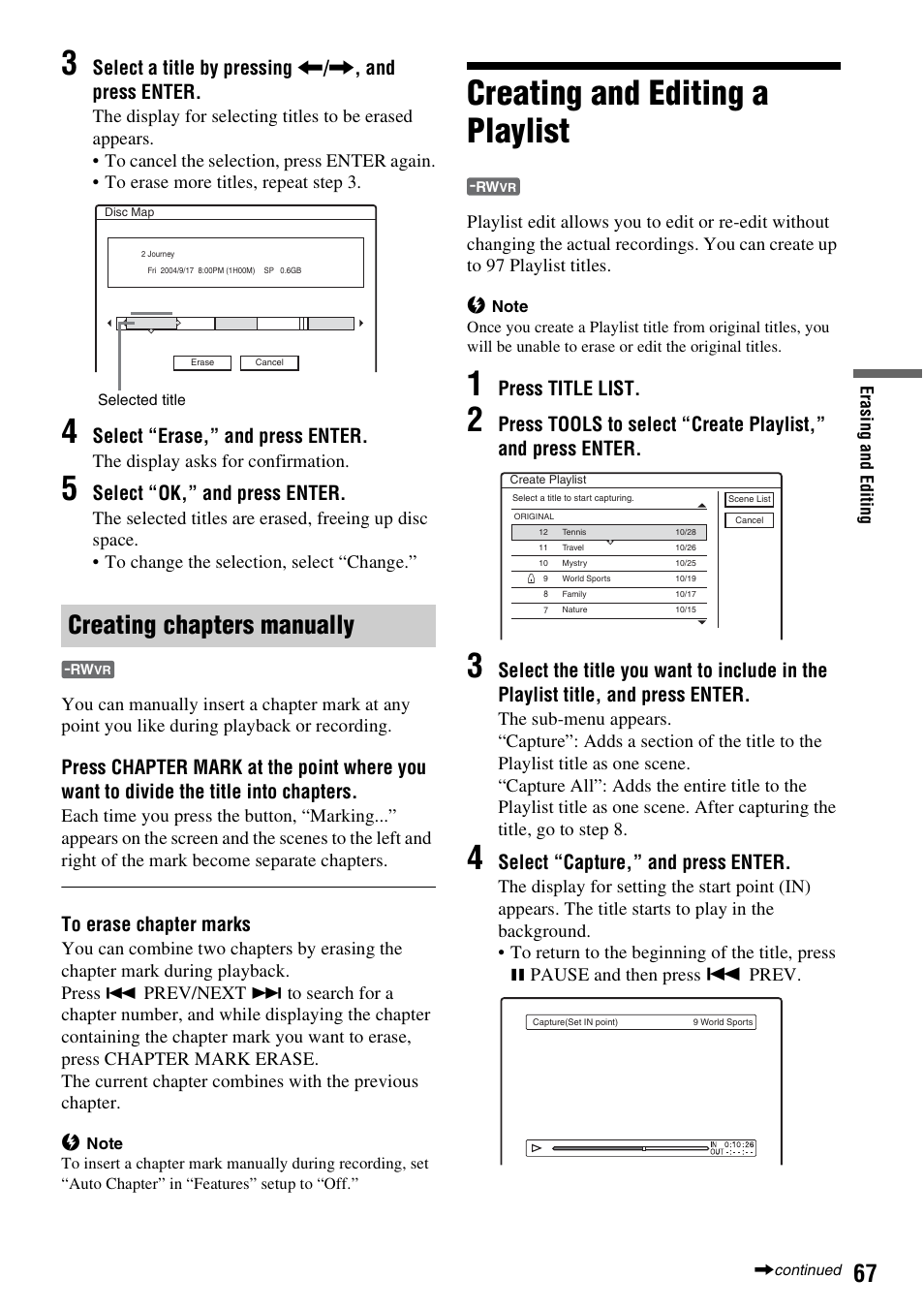 Creating chapters manually, Creating and editing a playlist, Select a title by pressing < / , , and press enter | Select “erase,” and press enter, Select “ok,” and press enter, Press title list, Select “capture,” and press enter | Sony RDR-GX310 User Manual | Page 67 / 104