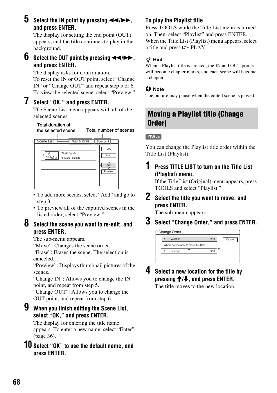 Moving a playlist title (change order) | Sony RDR-GX310 User Manual | Page 68 / 104