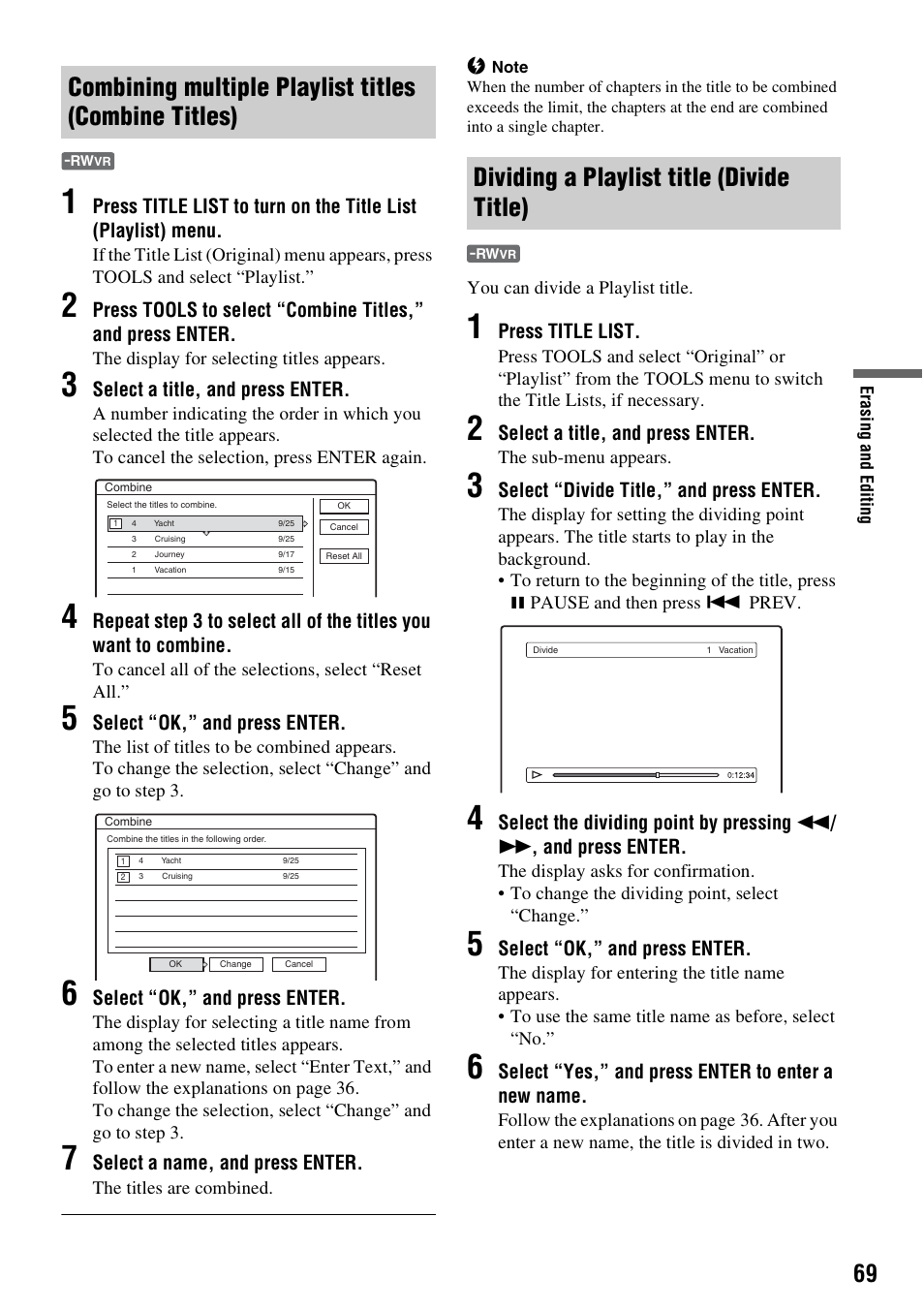 Dividing a playlist title (divide title) | Sony RDR-GX310 User Manual | Page 69 / 104