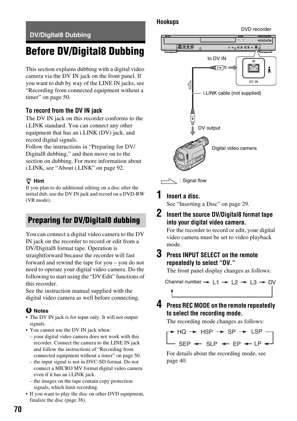 Dv/digital8 dubbing, Before dv/digital8 dubbing, Preparing for dv/digital8 dubbing | Sony RDR-GX310 User Manual | Page 70 / 104