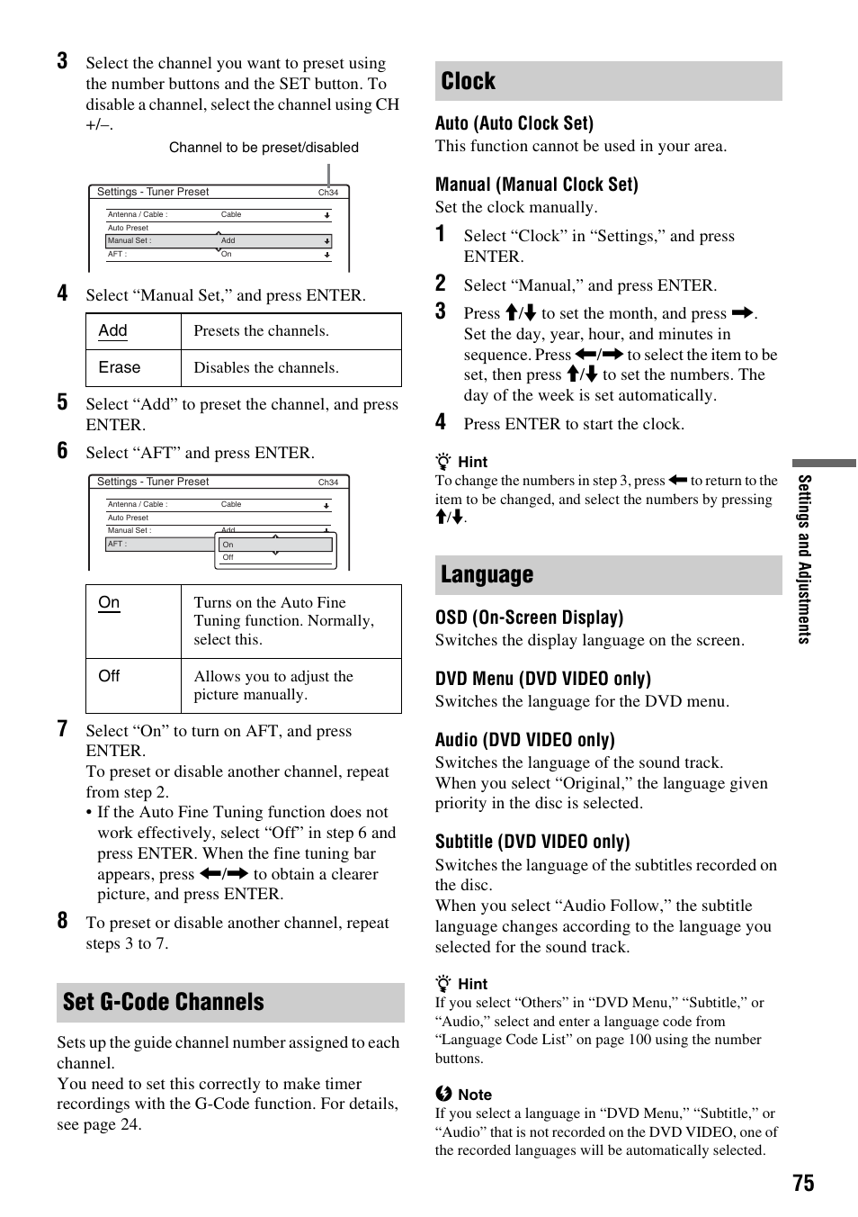 Set g-code channels, Clock, Language | Clock language | Sony RDR-GX310 User Manual | Page 75 / 104