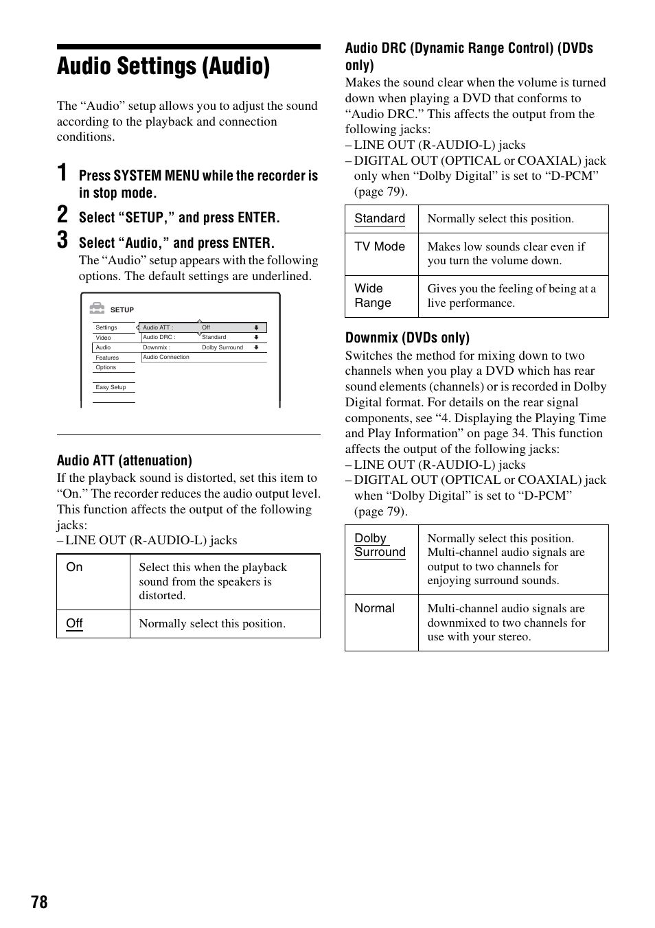 Audio settings (audio) | Sony RDR-GX310 User Manual | Page 78 / 104