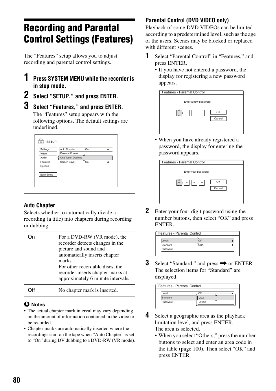 Recording and parental control settings (features), Select “setup,” and press enter, Select “features,” and press enter | Auto chapter, Parental control (dvd video only) | Sony RDR-GX310 User Manual | Page 80 / 104