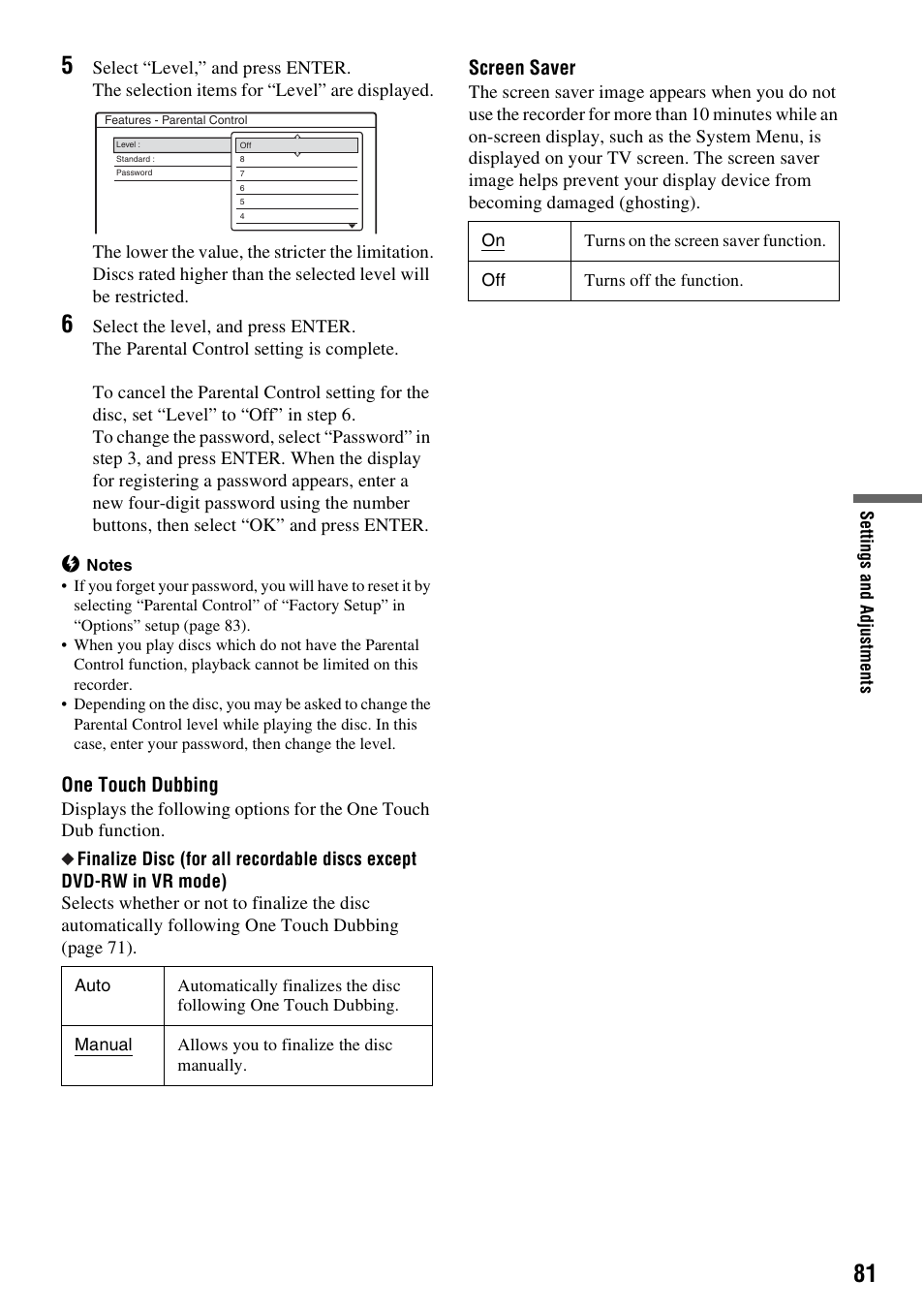 One touch dubbing, Screen saver | Sony RDR-GX310 User Manual | Page 81 / 104