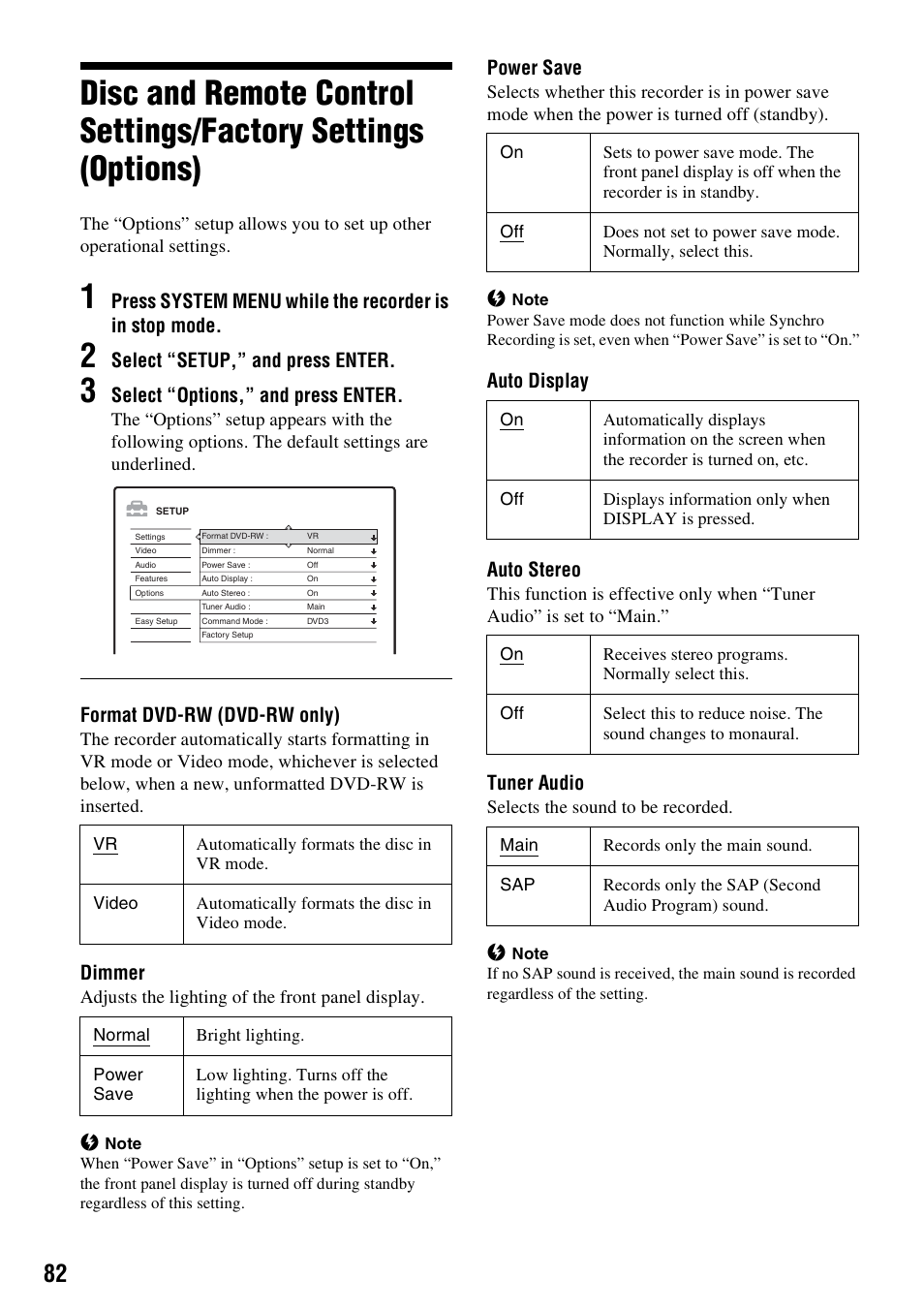Select “setup,” and press enter, Select “options,” and press enter, Format dvd-rw (dvd-rw only) | Dimmer, Power save, Auto display auto stereo, Tuner audio | Sony RDR-GX310 User Manual | Page 82 / 104