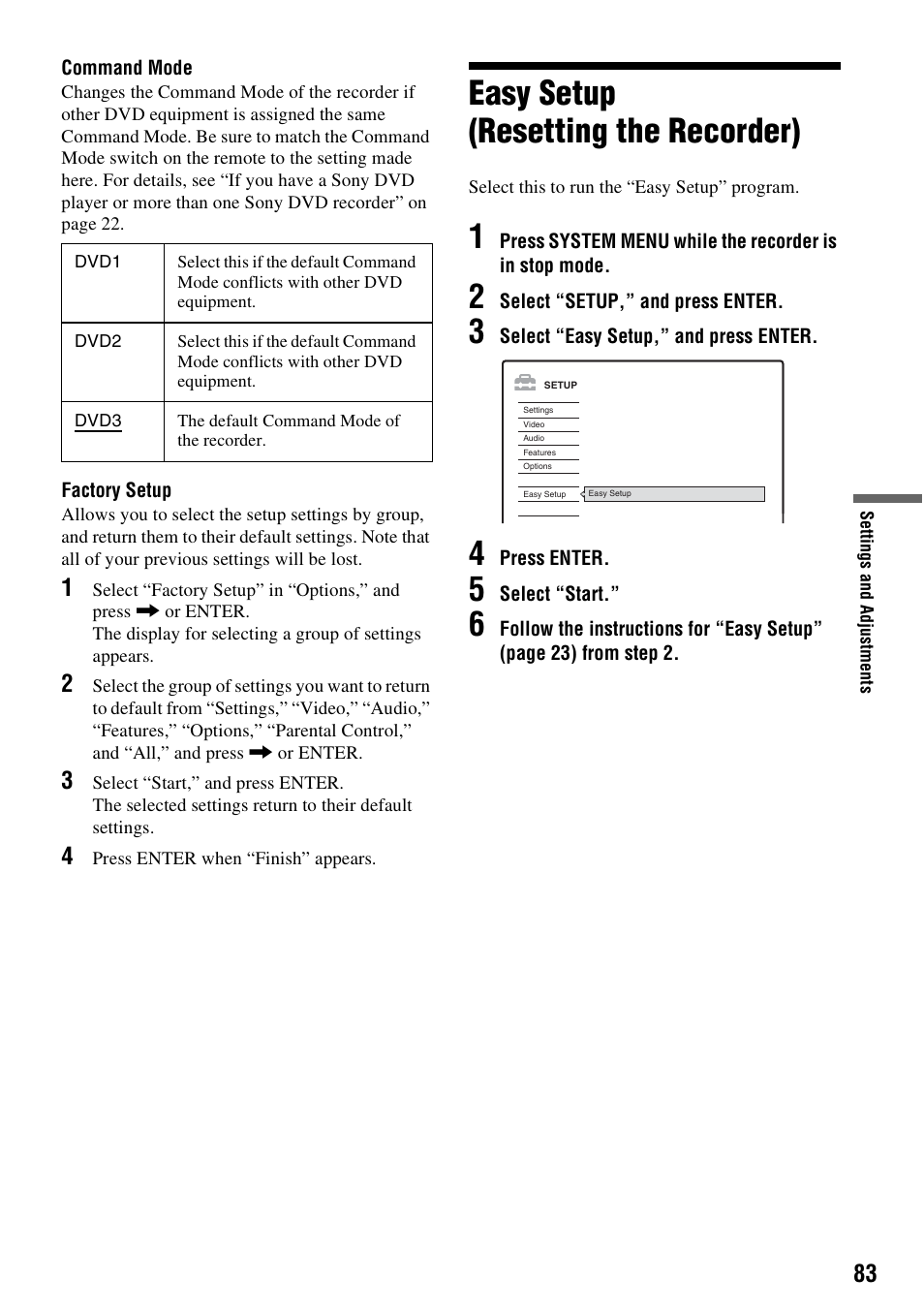 Easy setup (resetting the recorder) | Sony RDR-GX310 User Manual | Page 83 / 104