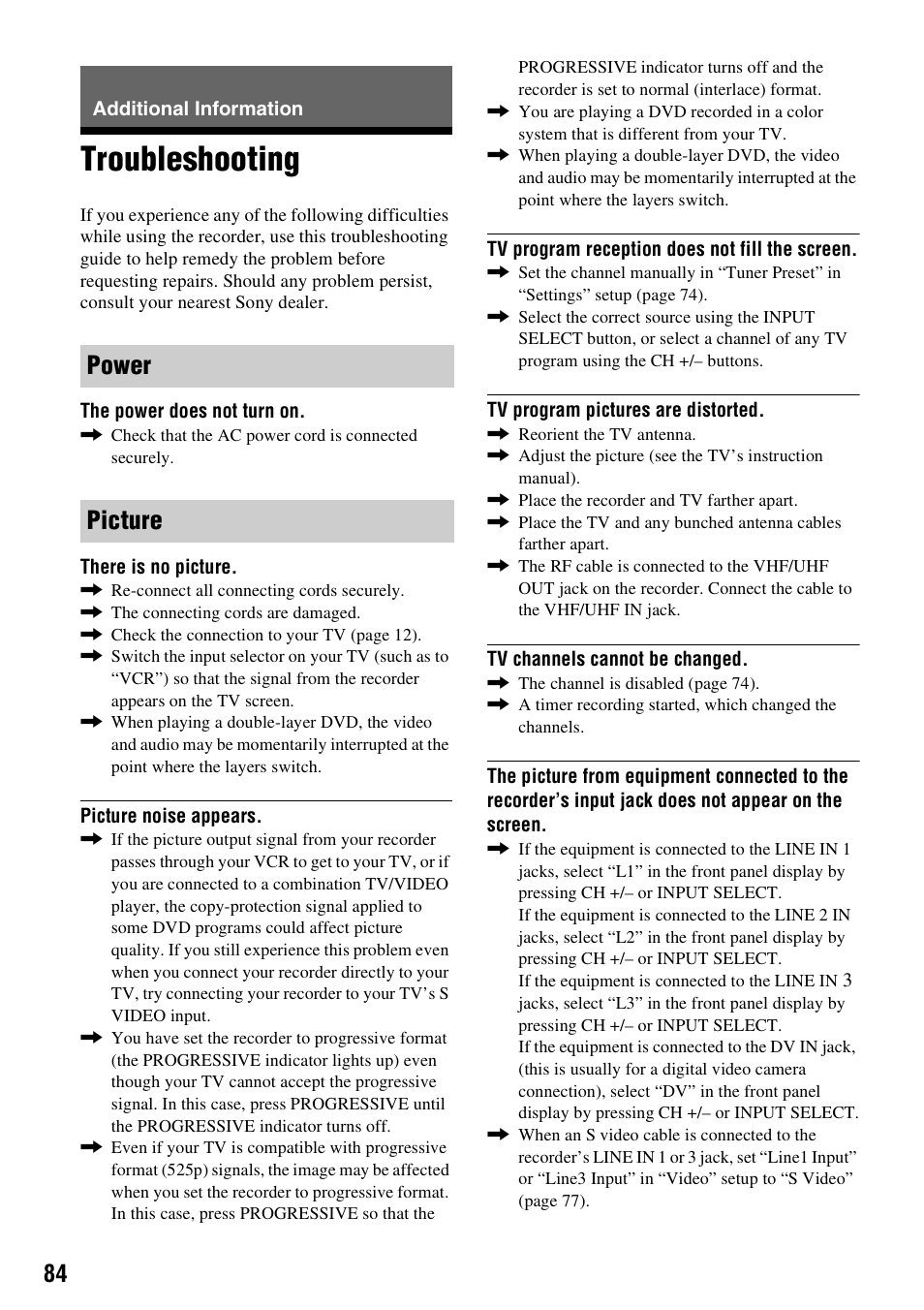 Additional information, Troubleshooting, Power picture | Sony RDR-GX310 User Manual | Page 84 / 104