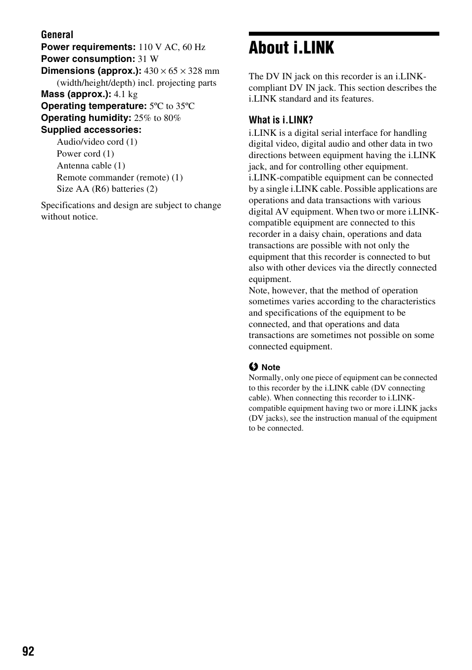 About i.link | Sony RDR-GX310 User Manual | Page 92 / 104