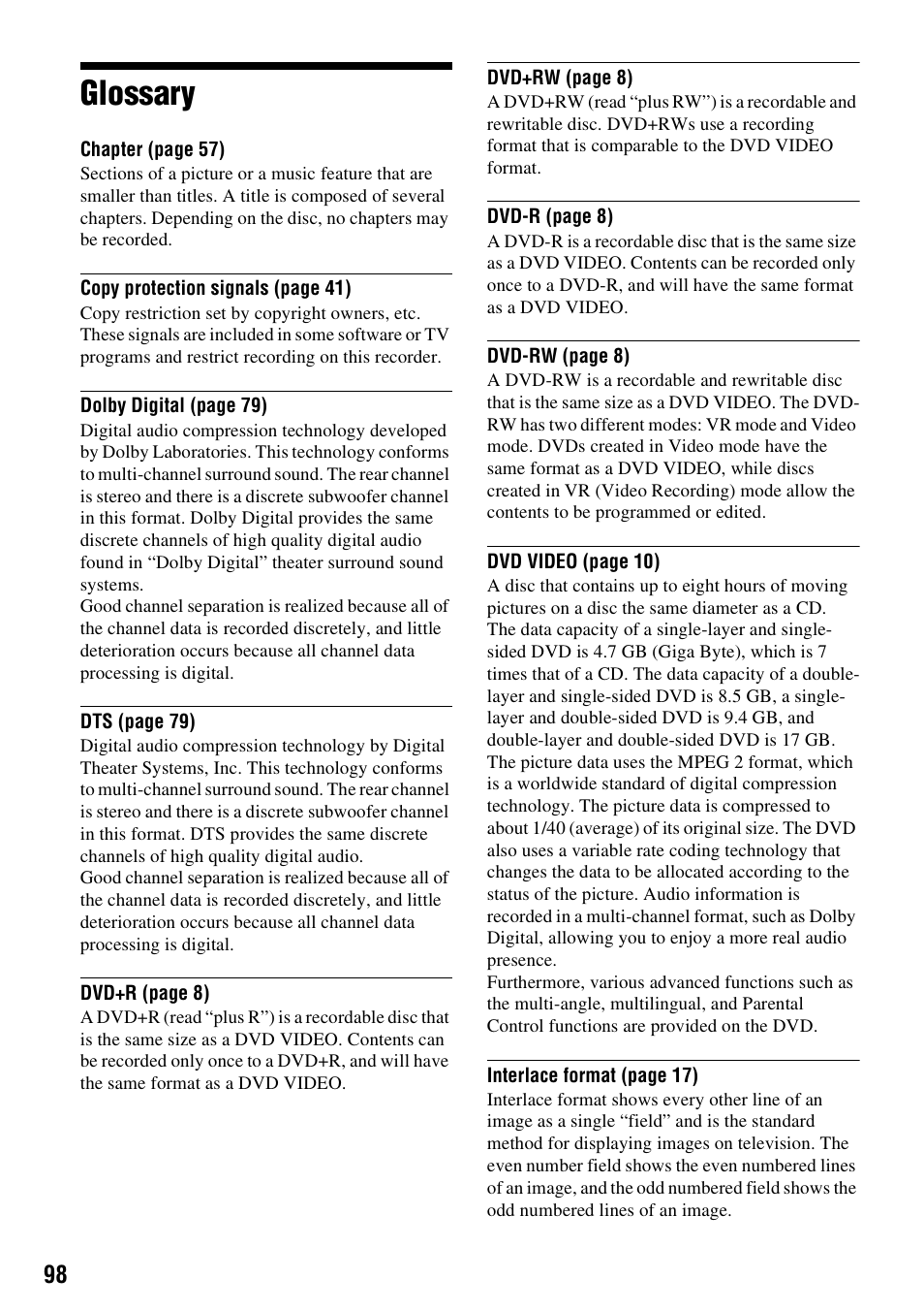 Glossary | Sony RDR-GX310 User Manual | Page 98 / 104